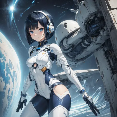 (masterpiece、 best quality、 highest resolution、Clear_image、Detailed details): (Whole body、A 20 year old girl、Japanese Faces、 small face、 slender、 dark blue super short bob cut hair、(Hidden small breasts:1.3)、 Sparkling Blue Eyes 、Shiny pilot suit in white,...