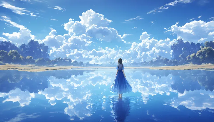 Quiet Lake、The endless surface of the water 、 nature and sky reflect on the surface of the water 、 fantastic blue sky and clouds 、 A work with an overall blue image、Very beautiful、fantasy landscape、 the back of a girl standing in the middle 、A beautiful cl...