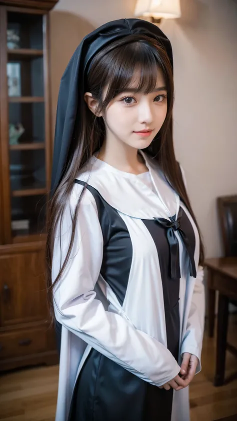 close up of a woman in a nun costume posing for a picture, nun outfit, anime girl cosplay, nun fashion model, anime cosplay, hyper realistic anime, ultrarealistic sweet bunny girl, cosplay, anime girl in a maid costume, hyperrealistic schoolgirl, nun, anim...