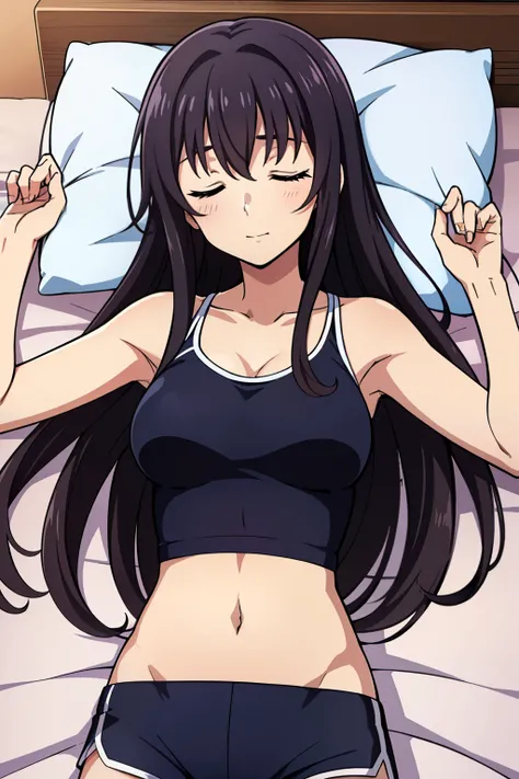 from below, 1 girl, cute, black hair, (fetal position), masterpiece, ((Sleeping on the bed)), (black Sports bra, Sports shorts),  (anime cels style, Masterpiece, best quality, high resolution, anime colored, megami magazine:1.2, anime poster style, anime k...