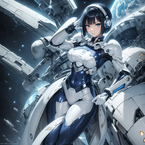 (masterpiece、 best quality、 highest resolution、Clear_image、Detailed details): (Whole body、A 20 year old girl、Japanese Faces、 small face、 slender、 dark blue super short bob cut hair、(Hidden small breasts:1.3)、 Sparkling Blue Eyes 、Shiny pilot suit in white,...