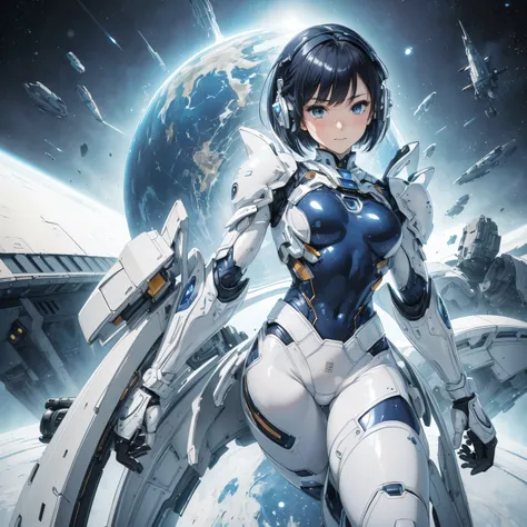 (masterpiece、 best quality、 highest resolution、Clear_image、Detailed details): (Whole body、A 20 year old girl、Japanese Faces、 small face、 slender、 dark blue super short bob cut hair、(Hidden small breasts:1.3)、 Sparkling Blue Eyes 、Shiny pilot suit in white,...