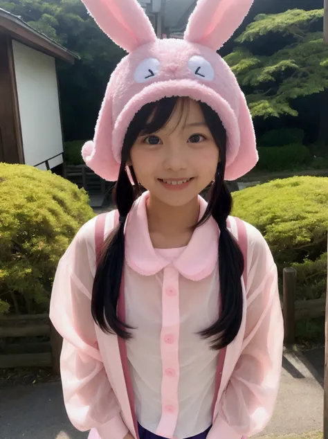 Japanese elementary school girl  face big smile pink rabbit hat pink see-through shirt Nikko Toshogu