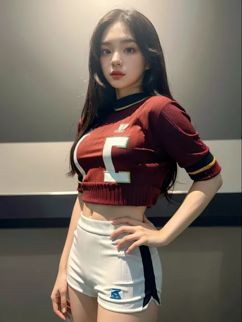 Masterpiece, superlative, realistic, Jennie wearing trendy football uniforms, knitwear, football shorts, HD, photography lighting, 16k