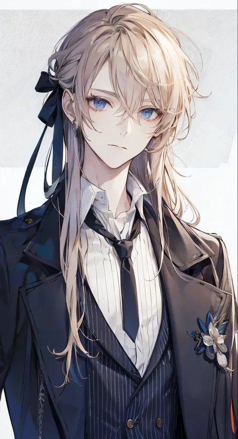  Max Image、Top quality、 has light golden hair tied with a ribbon at the back、Beautiful adult male with sharp light blue eyes、 white shirt、 black coat