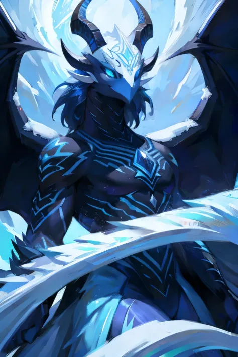 a snow zora, hybrid dragon-penguin creature, white and black coloration, resembling a pengator from a distance, detailed scales, intricate feather textures, glowing blue eyes, sharp fangs, majestic horns, powerful wings, dynamic pose, realistic, photoreali...