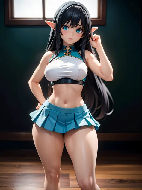 Detail image, realistic image, 1 elf. She has turquoise eyes with and long black hair, she has a delicate oval face, small breasts and a curvy body, thick thighs. she is blushing, She is wearing a crop top, tight pleated mini skirt, moccasins slippers. Amb...