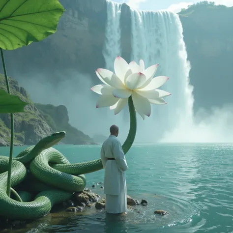 Highly detailed film water and ocean palette, a bald monk standing at the waters edge in white Hanfu, a huge green snake, a huge lotus flower in white, a very tall waterfall, exquisite facial details, spotlights, perfect composition, surreal, ultra-detaile...