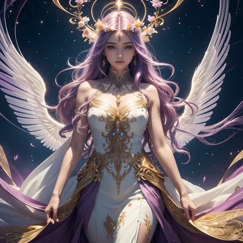 1 mature angel, (translucent angel wings), long billowing light-violet hair with gold accent, flowers in hair, (glowing halo on head), (best quality, 4k, 8k, hires, masterpiece:1.2), ultra-detailed, (realistic, photorealistic, photo-realistic:1.37), beauti...