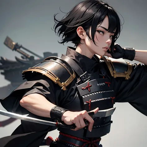 Neutral, short cut black hair, wearing samurai armor, blurred background, Japanese samurai period, facing front, chest up angle