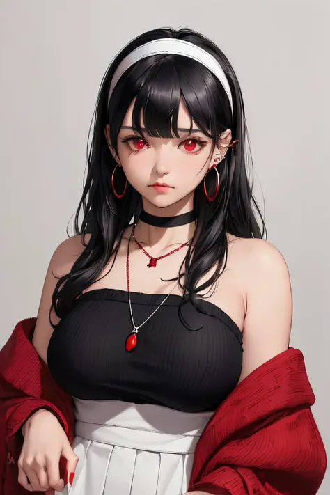 (masterpiece:1.4),(best quality:1.4) , highres, solo, , black_hair, white hairband,, red eyes, bangs, side bang, sidelocks, red sweater, bare shoulder, hoop earring, jewelry, earrings, necklace,  long wavy hair, 1girl, collarbone, closed mouth,  big breast...