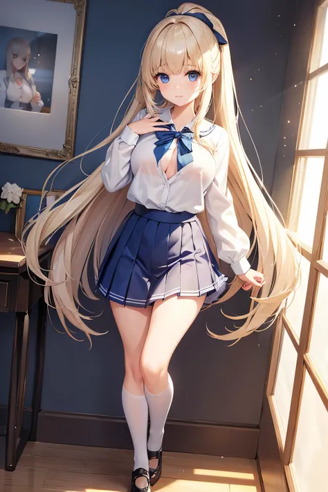 portlate、School Uniforms、bright expression、poneyTail、Young shiny shiny white shiny skin、Best Looks、Blonde reflected light、Platinum blonde hair with dazzling highlights、shiny light hair,、Super long silky straight hair、Beautiful bangs that shine、Glowing crys...