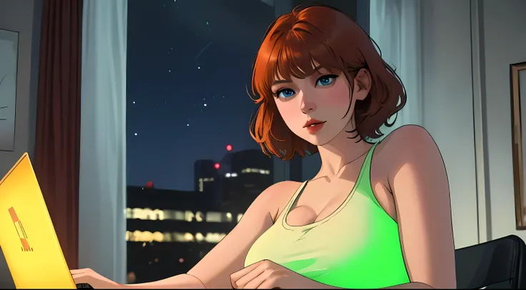 A Young girl short auburn hair with big breasts wearing a lush green tank top, sitting at a desk at night, illuminated by the glow of a laptop screen. She is typing on the keyboard with a focused expression, her blue eyes reflecting the light from the scre...