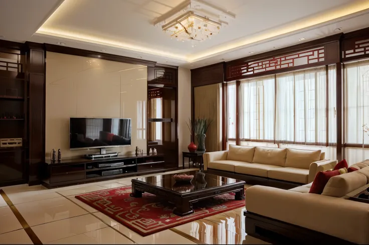 arafed living room with a large television and a red rug, popular interior design style, chinese style, asian interior decoration, living room interior design, traditional chinese, modern japanese living room, modern living room, neo - classical style, an ...