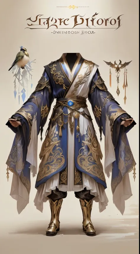 a close up of a person in a costume with a bird on it, ornate flowing robes, ornate flowing robe, intricate fantasy robes, flowing magical robe, ornate robes, ornate cyberpunk robes, astral witch clothes, costume with blue accents, flowing robes and leathe...