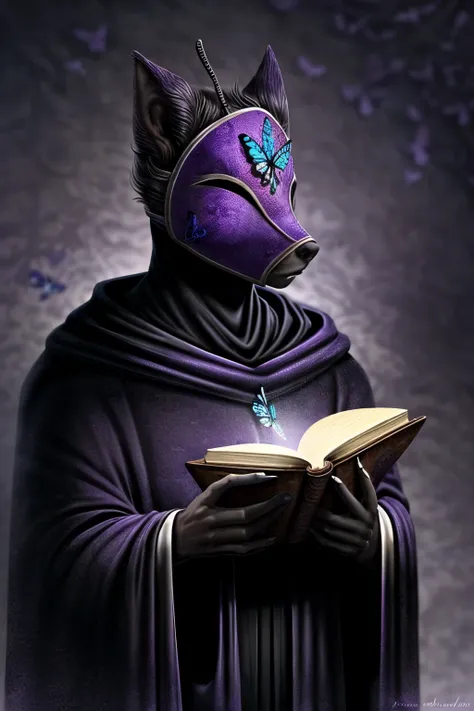 A blind ratfolk in a dark cloak .  A white and purple carnival butterfly mask covers the eyes. He hold a book .