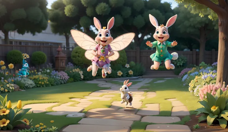 A magical garden full of talking flowers and flying fairies, where a bunny is jumping and playing hopscotch