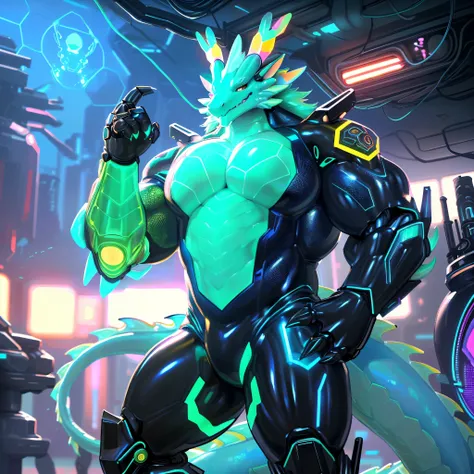 ((by Bebebebebe, by Syuro, mega quality, masterpiece, perfect anatomy, detailed picture)), Cowboy Shot, ((Sci-fi cyberpunk laboratory, high tech pedestal:1.4)), depth of field, (mecha Omega dragonoid:1.7), eastern dragon anthropomorphic, 1male, high detail...