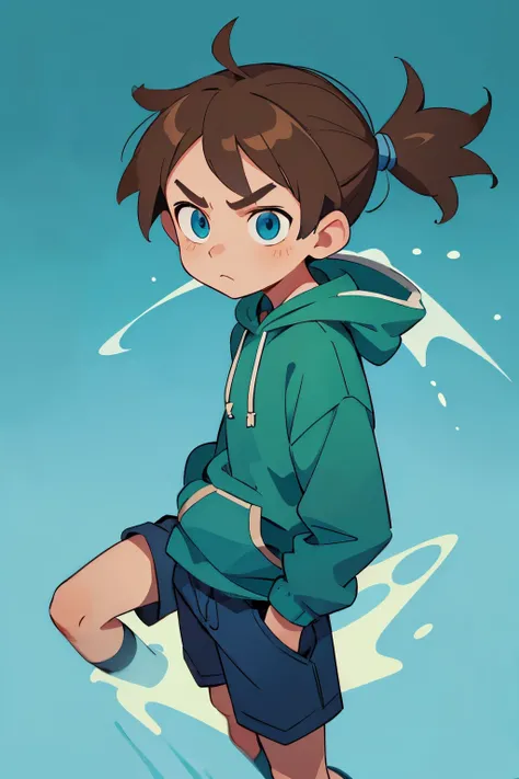 Cartoon young boy with light brown hair and pony tail with blue eyes. Green fantasy hoodie. Serious expression. No background
