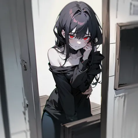 Long_hair, black_hair, red_eyes, messy_hair, pale_skin, fearful_expression, dark_clothes, shabby_clothing, black_shirt, black_hoodie, loose_pants, trembling_hands, sitting_on_floor, holding_clothing, tense_posture, panicked_eyes, desperate_look, eerie_ambi...