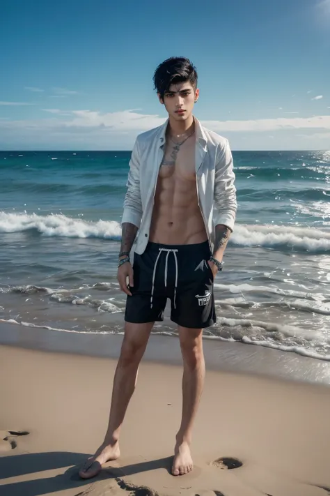 Zayn Malik Cantor-compositor, On the beach wearing shorts ,  full body , wet hair, hd image, realism, All the singers characteristics,  ultra realistic image