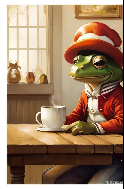  a frog holding a cup of coffee, cute frog, cute illustration, the wednesday frog, monge jean-baptiste monge, by Jesper Ejsing, by Jean-Baptiste Monge, by andrei riabovitchev, ❤🔥🍄🌪, 🍂 cute, by Mario Dubsky, jean - baptiste monge, by Justin Gerard