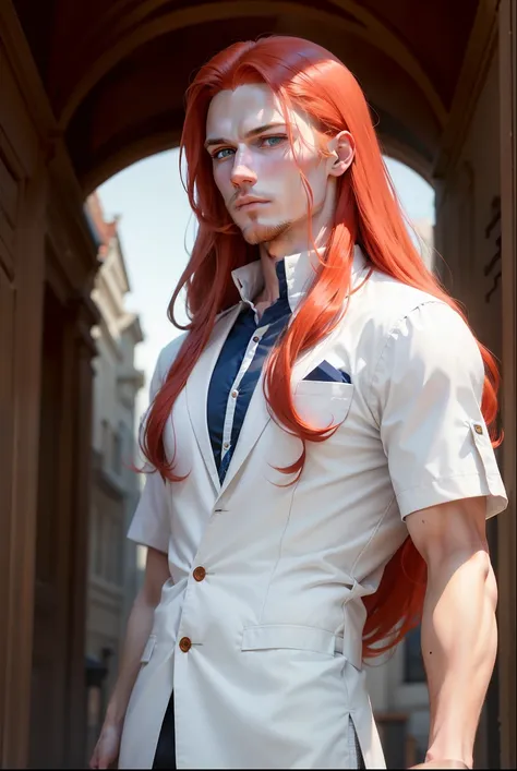  a white-skinned man with medium-long red hair ( but not much ),  wears god-style clothing ,  Blue Eyes, Not very androgynous 