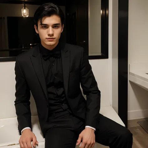 Twenty year old man looking sexy and charming with black hair and a fancy black suit 