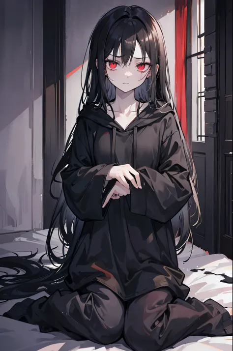 Long_hair, black_hair, red_eyes, messy_hair, pale_skin, fearful_expression, dark_clothes, shabby_clothing, black_shirt, black_hoodie, loose_pants, trembling_hands, sitting_on_floor, holding_clothing, tense_posture, panicked_eyes, desperate_look, eerie_ambi...