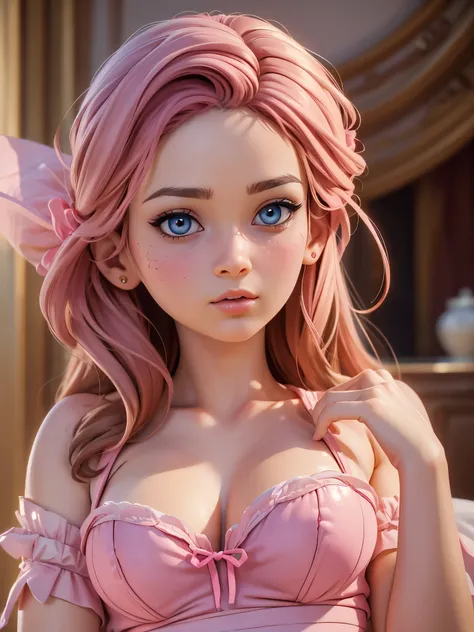 8K, Best Quality, Masterpiece, Ultra High Resolution, (Realism: 1.4), Original Photo, (Realistic Skin Texture: 1.3), (Film Grain: 1.3), (Selfie Angle), 1 Girl, Pink Clothes, Sapphire Color Eyes and Beautiful Face Details, Masterpiece, Best Quality, Close U...