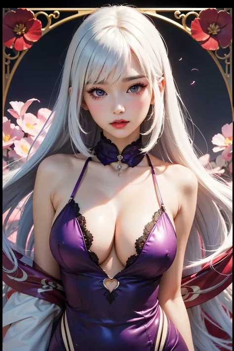 A beautiful asian woman with long straight white hair, straight bangs, big purple eyes, red lips, big breasts, amd very pronounced cleavage stands facing viewer, though an extremely modern girl dressed in colorful alternative harujuku fashion, framed by de...