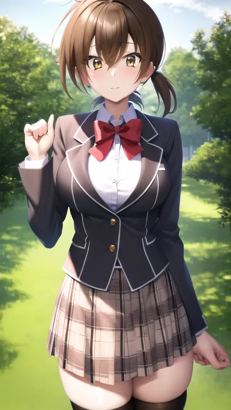 masterpiece, best quality, highres, looking at viewer, girl, solo, issei_hyoudou, brown hair, brown eyes, hair between eyes, large breasts, red bow, striped bow, blazer, blue jacket, long sleeves, plaid skirt, Brown skirt, black thighhighs, outdoors, cowbo...