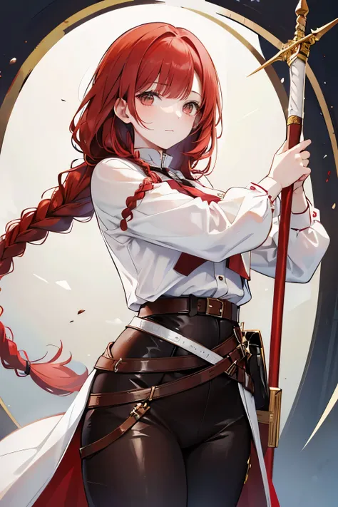  A tall red-haired brown-eyed woman in a white blouse is wearing a tight brown leather suit looks very neat. Her hair is braided in two big braids. She wears a rapier on her belt