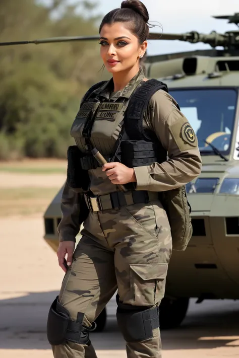 Full body photo of 50YO MATURE MILF AISHWARYA RAI as ARMY MILF COMMANDO, WEARING (((FULL ARMY GEAR))), ((((DARK SMOKY EYE MAKEUP AND FALSE EYELASHES)))), COMBAT BOOTS, COMBAT GLOVES, KNEEPADS, CAMO PLATE CARRIER RIG, intricate details, POSING next to army ...