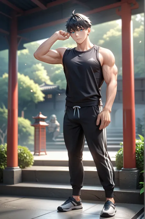 Dark-haired anime male spy, 26 year old, 190cm tall, 100kg muscular body, pale skin, dark future, blue eyes, black short hair, wearing gym clothes, in a japanese stone garden, morning, ISO 100, 64k, 35mm, hyperdetalisation, digital art, full body