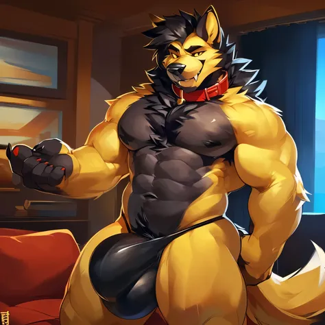 Solo, anthro, male (((pokemorph, yellow eyes, yellow sclera, black pupils, muscular, pecs, abs, thin waist, black body, black fur, yellow fur, black hair, mane, chest hair, yellow eyebrows, big fangs, teeth, black nose, eye scar, snout scar, chest tuft, ch...