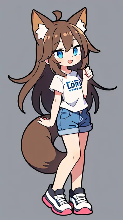  1 girl ,  long hair, Brown Hair,  animal ears ,  blue eyes,  fox ear,tail, white shirt,jeans,whole body,smile