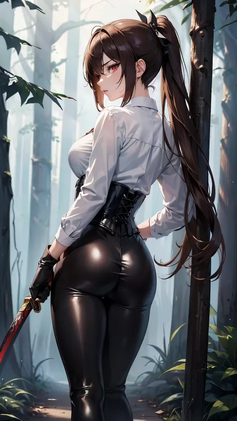 ((masterpiece)),(( The best quality)), (detailed), expressive eyes, (Perfect face), 1 girl, (standing), (Chiori, genshin impact), (brown hair short ponytail), (red eyes, aggressive eyes, detailed eyes), (sensual lips), (serious expression), (slim build), v...