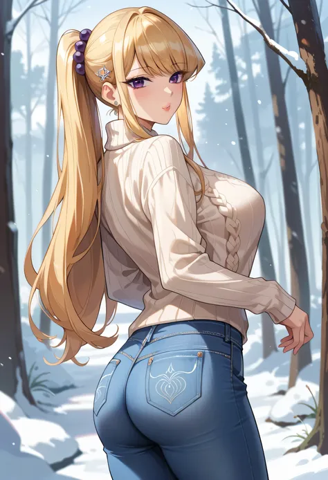 masterpiece, best quality, highly detailed, ultra high res, ayase arisa, 1girl, Komi Shouko, solo, hair ornament, long blonde hair, glossy lips, large breasts, purple eyes, snowy forest, knit sweater, jeans, big ass, looking back at viewer