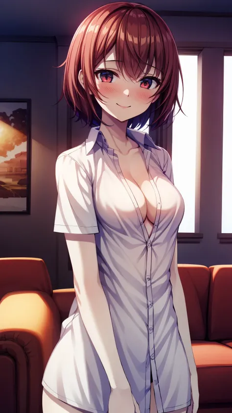 （ super high quality , super high resolution,16k,super masterpiece,Ultra HD ,Detailed shading and background,）Sexy Girl,（A white naked shirt that is unbuttoned and unfolded to stand, cleavage, Lower Body Naked,）blush,smile, Living room where the sun shines...