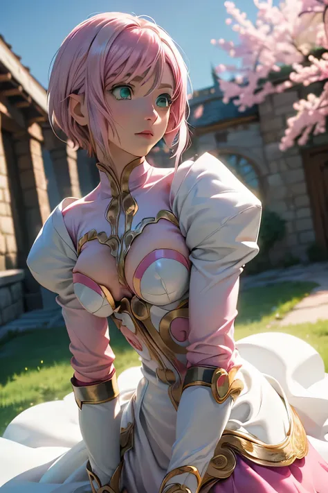  perfect anatomy 　 best quality, highest resolution,(((White shiny dress　 green eyes　 pink hair　small breasts)))　Estellise　[blurry]　16k　Castle