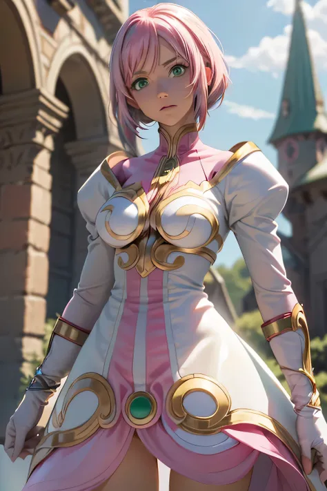  perfect anatomy 　 best quality, highest resolution,(((White shiny dress　 green eyes　 pink hair　small breasts)))　Estellise　[blurry]　16k　Castle