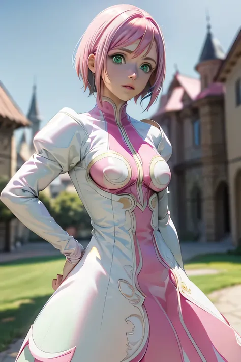  perfect anatomy 　 best quality, highest resolution,(((white latex dress　 green eyes　 pink hair　small breasts)))　Estellise　[blurry]　16k　Castle