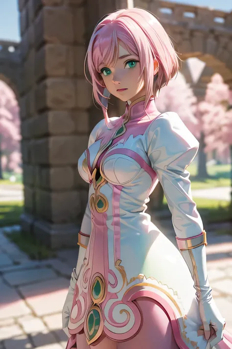  perfect anatomy 　 best quality, highest resolution,(((white latex dress　 green eyes　 pink hair　small breasts)))　Estellise　[blurry]　16k　Castle