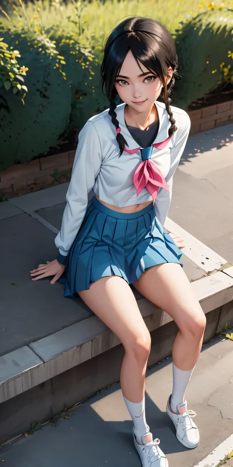   masterpiece ,  best quality, 1 ,  yadoumarulisa,  single braid , cups,  serafuku, long sleeves, blue skirt, pleated skirt, diaphragm,  black socks, white sneakers, sitting, steps, underneath, blue sky, smile,  looking at the spectator,