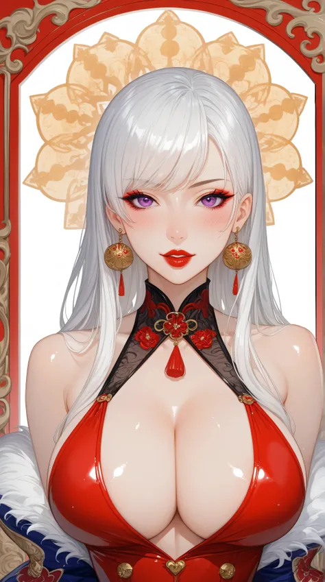 A beautiful asian woman with long straight white hair, straight bangs, big purple eyes, red lips, big breasts, amd very pronounced cleavage stands facing viewer, though an extremely modern girl dressed in colorful alternative harujuku fashion, framed by de...