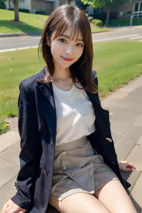 In 8K, best quality:1.4,  super A high resolution:1.5, ( photorealistic :1.4),​masterpiece:1.2,(top-quality:1.4)、  RAW photos 、(  with blurry backgrounds ), Hilltop park with a view :1.4、On the grass、 full body shot:1.5、 Girl 1, cute, (Alone), ( has a smil...