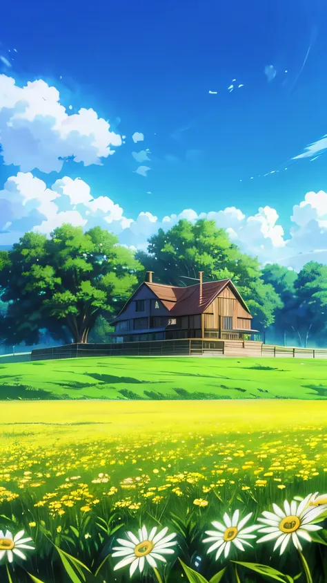 A simple wooden house stands firmly in the middle of a vast green meadow. The bright blue sky is decorated with soft white clouds that tower high, creating a peaceful and calming atmosphere. among the green grass, adding to the beauty of the view, The warm...