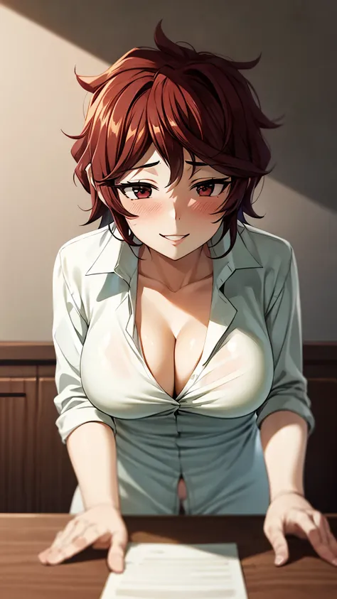 （ super high quality , super high resolution,16k,super masterpiece,Ultra HD ,Detailed shading and background,）NSFW,Sexy Wife,（A white naked shirt that is unbuttoned and unfolded to stand, cleavage, Lower Body Naked,）blush, gentle smile ,Thick lips,Leaning ...