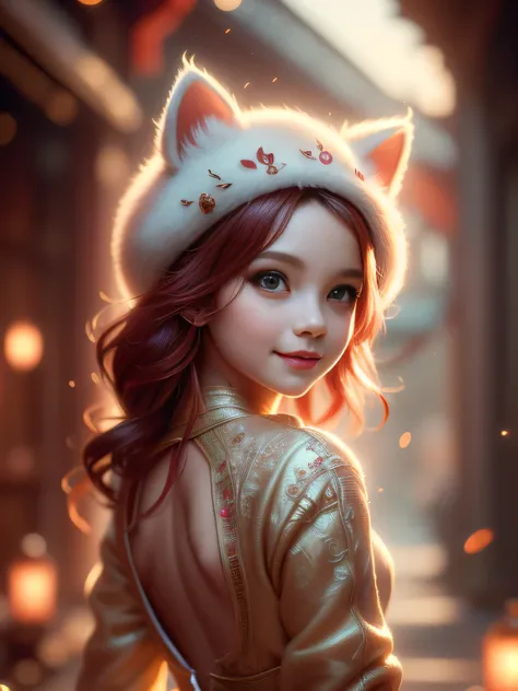 (Best Quality, Super Detailed, masterpiece, representative work, official art, professional, super high detail, 8k:1.3) Cute girl face wearing cat ear hat, Beautiful detailed eyes, Beautiful detailed lips, Demonic smile, Vivid colors, Red hair, Innocent ex...